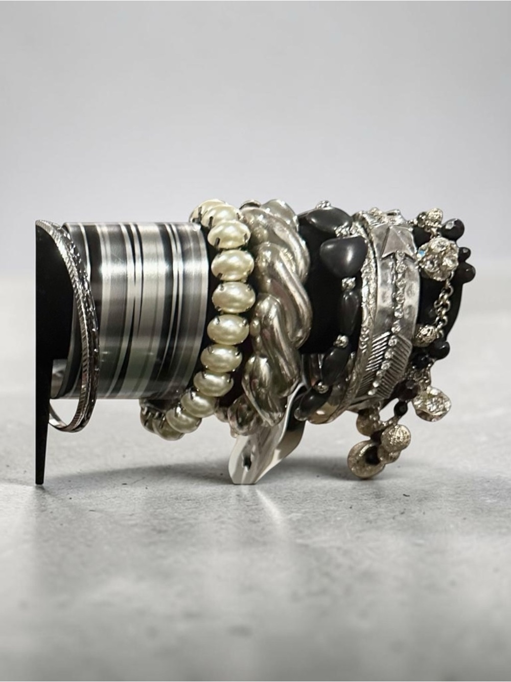 Vintage Boho Silver Pearl Bracelet Stack Lot Set Retro Cuff Bangle Chic